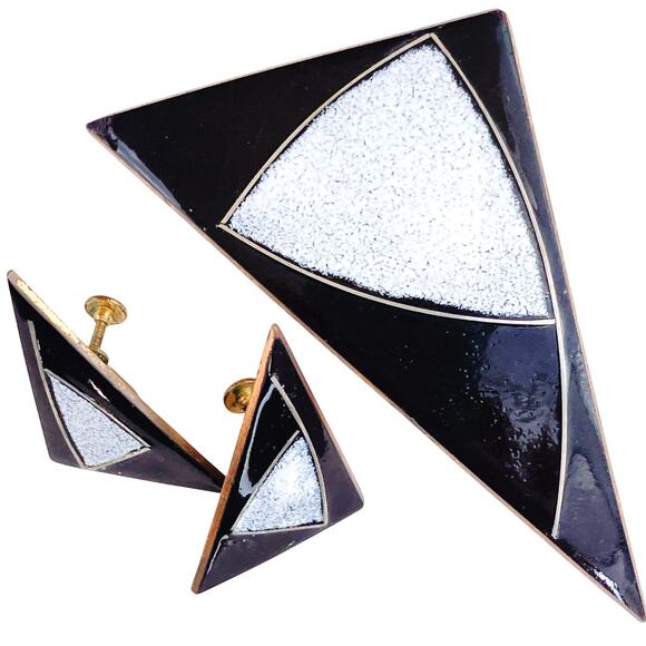 VTG MCM Enamel Copper Brooch & Earrings Set Modernist Geometric Black White - Picture 1 of 11